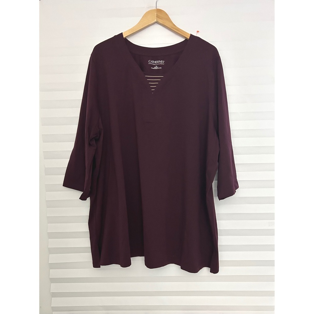 Catherines Suprema Collection Burgundy V-Neck 3/4 Sleeve Tee Top 3X 26/28W